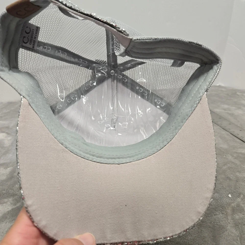 CC Exclusives Silver Sequin Trucker Hat Light Grey Mesh Snapback Cap TCB-07 New